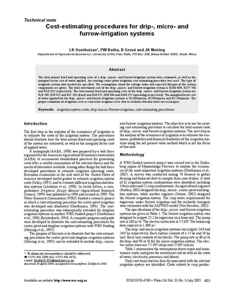 CostEstimating Procedures For Drip, MicroAnd FurrowIrrigation