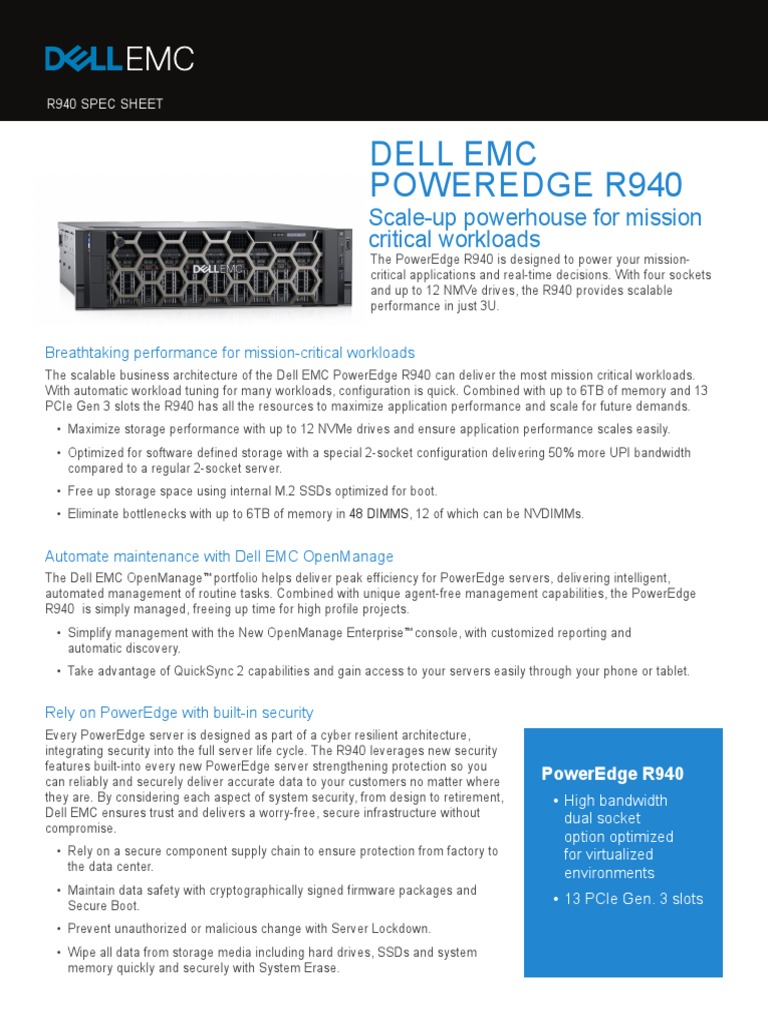 Dell Emc Poweredge r940 Spec Sheet PDF Solid State Drive Computer