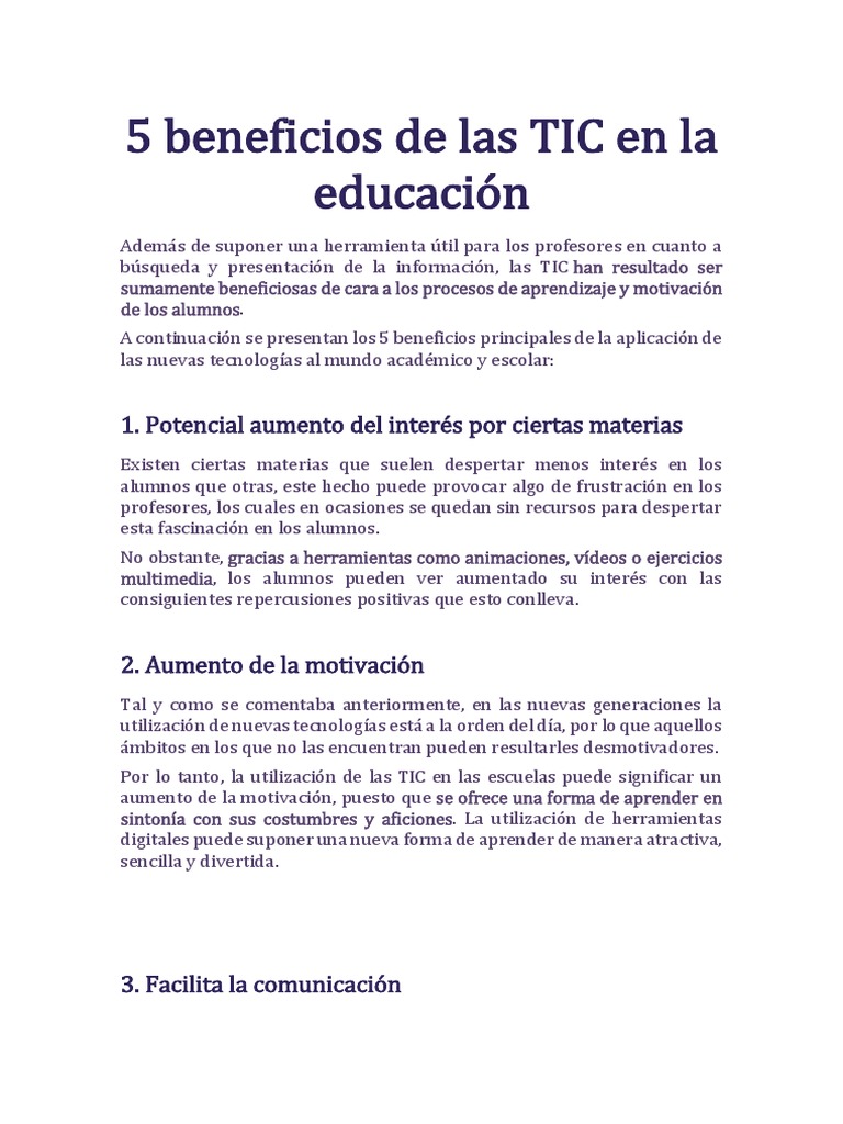 5 Beneficios de Las TIC en La Educación | PDF | Tecnología de ...