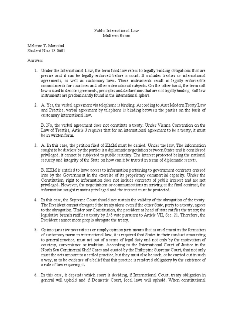 Public International Law Midterm Exam Answers | PDF | Treaty ...