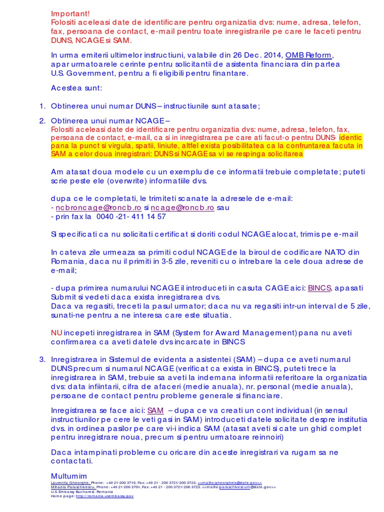 1.mesaj Instructiuni DUNS, NCAGE, SAM | PDF