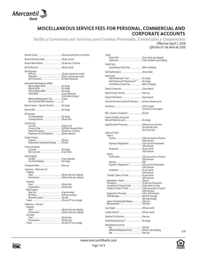 Miscellaneous Service Fees For Personal, Commercial and Corporate ...