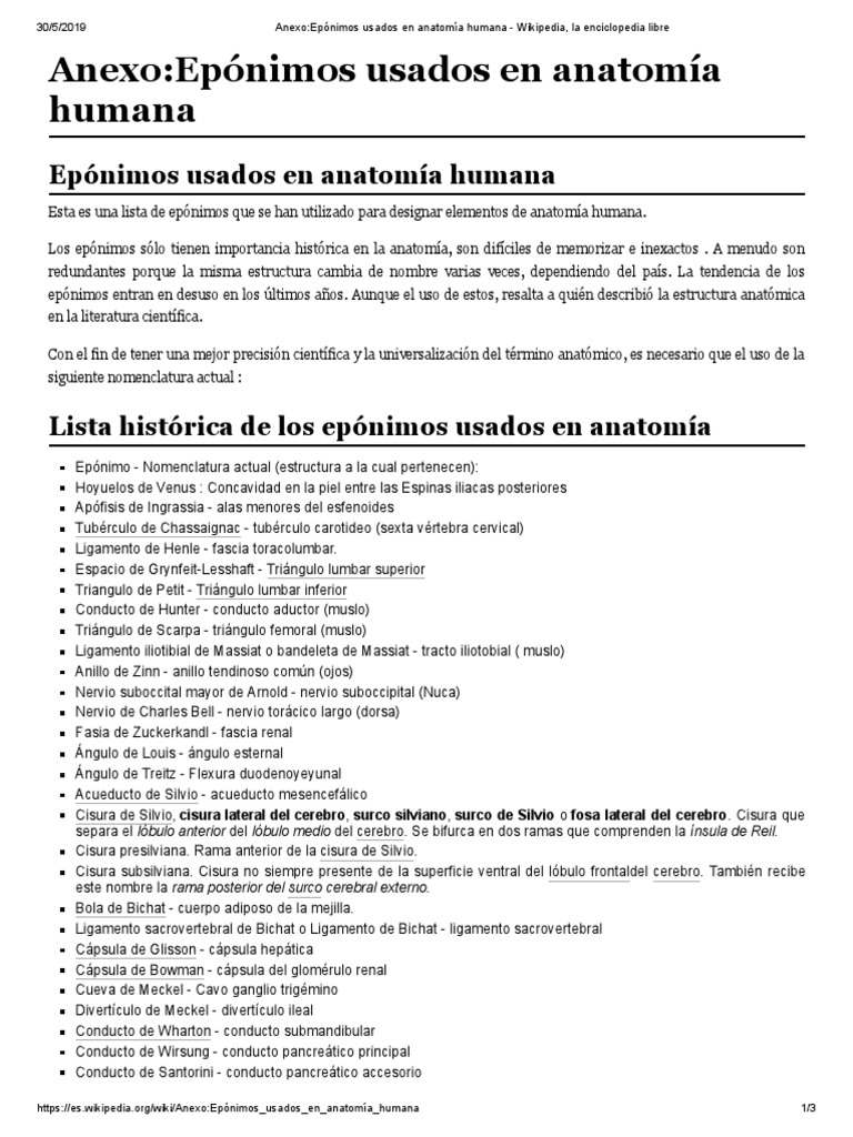 Epónimos en Anatomía Humana | PDF | Cerebro | Anatomía humana