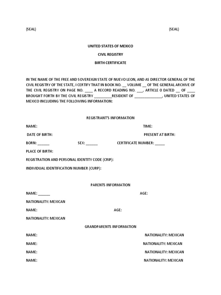 Translated Birth Certificate Mexico PDF Birth Certificate Translated Birth Certificate Mexico PDF Birth Certificate