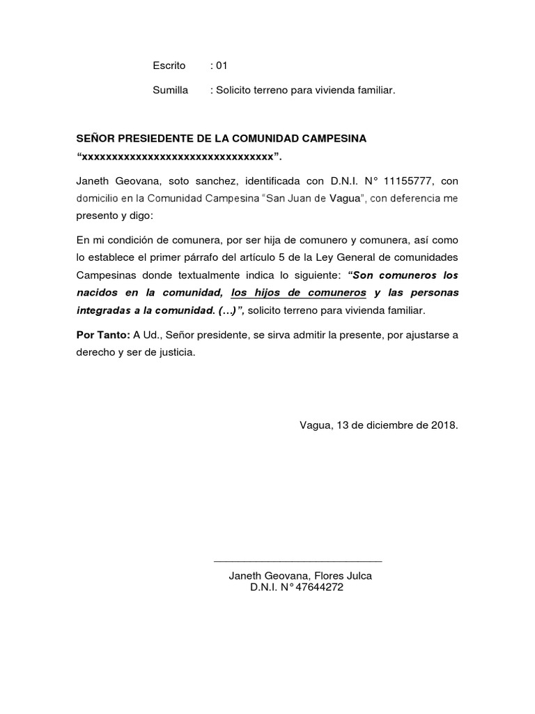 Solicitud de Terreno Comunidad Campesina | PDF