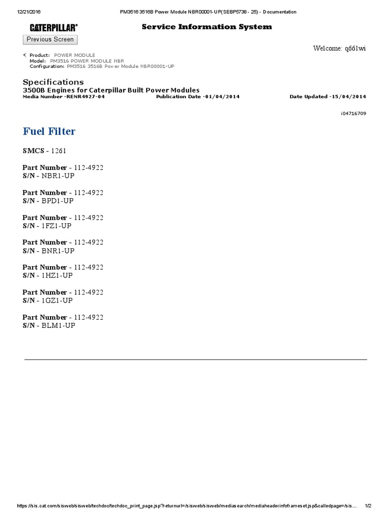 Fuel Filter PM3516 3516B Power Module NBR00001-UP PDF | PDF | Rotating ...