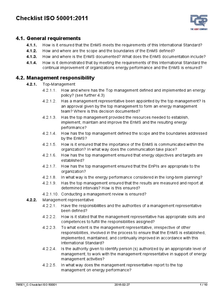 ISO 50001:2011 Audit Checklist | PDF | Audit | Regulatory Compliance