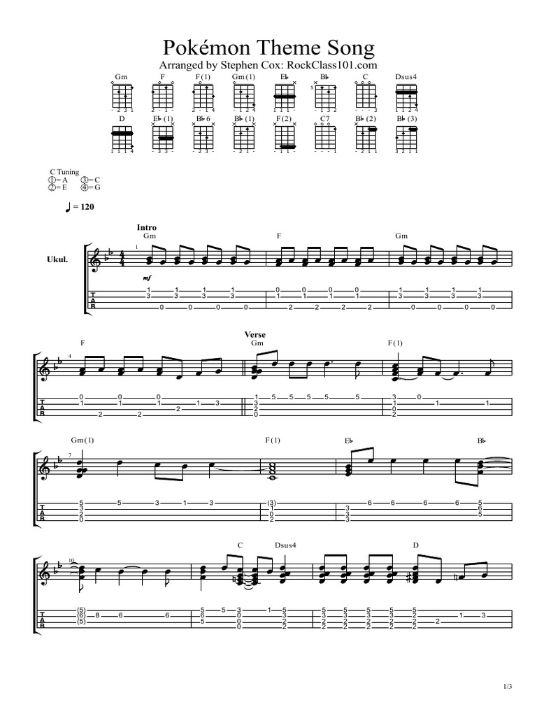 Pokémon Theme Song Ukulele Tabs | PDF | Pokémon | Songs