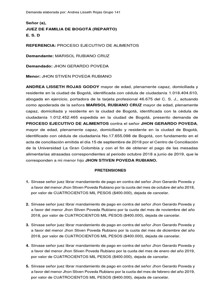 Demanda Ejecutivo de Alimentos Bogotá Demanda judicial