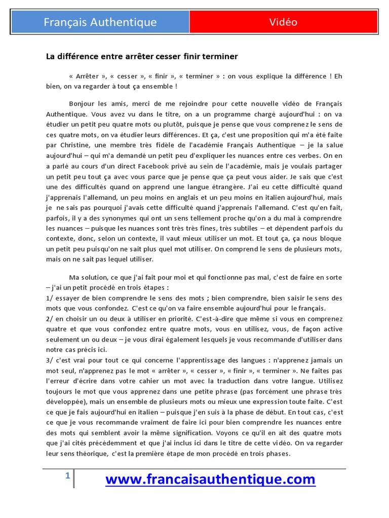 La Difference Entre Arreter Cesser Finir Terminer | PDF | Langue ...