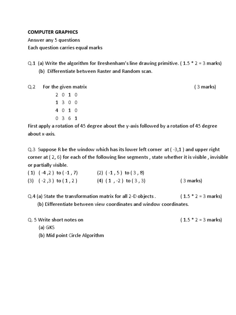 Computer Graphics Exam Questions Guide | PDF | Science & Mathematics