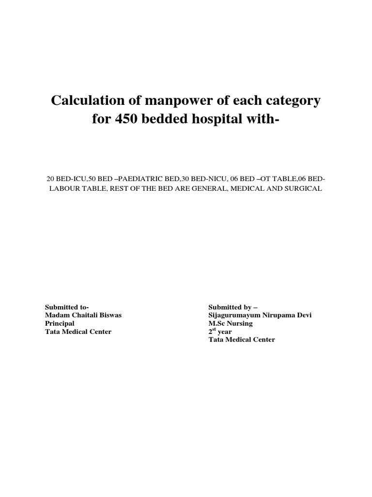 Calculation of Manpower of Each Category For 450 Bedded Hospital With