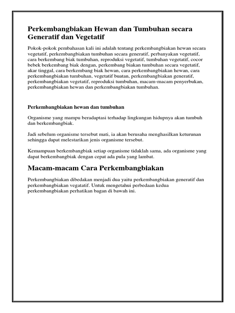 Perkembangbiakan Hewan Dan Tumbuhan Secara Generatif Dan