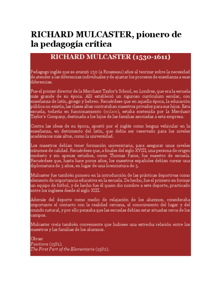 Richard Mulcaster: Pionero Educativo | PDF | Viajes y turismo