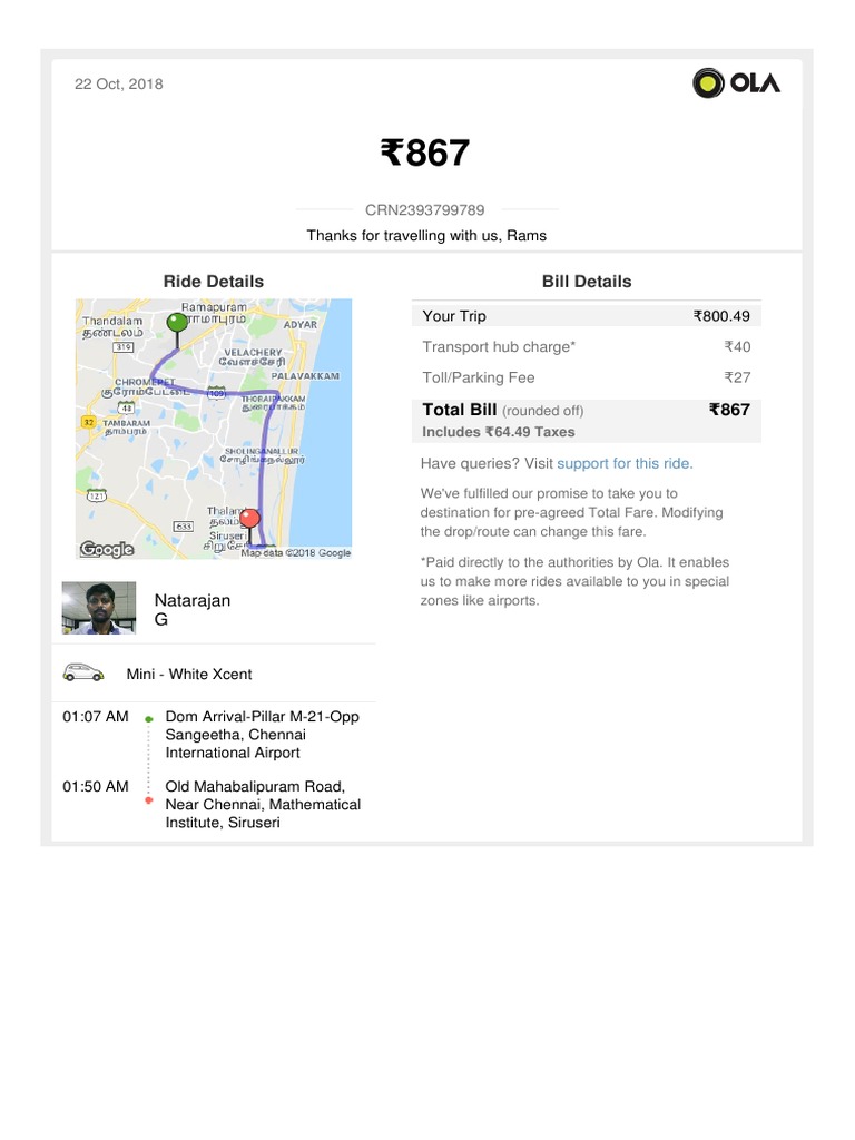 Ola Chennai PDF Invoice Fee