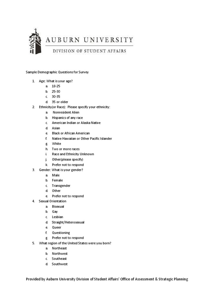 Sample Demographic Questions For Survey | PDF | Heterosexuality | Race ...