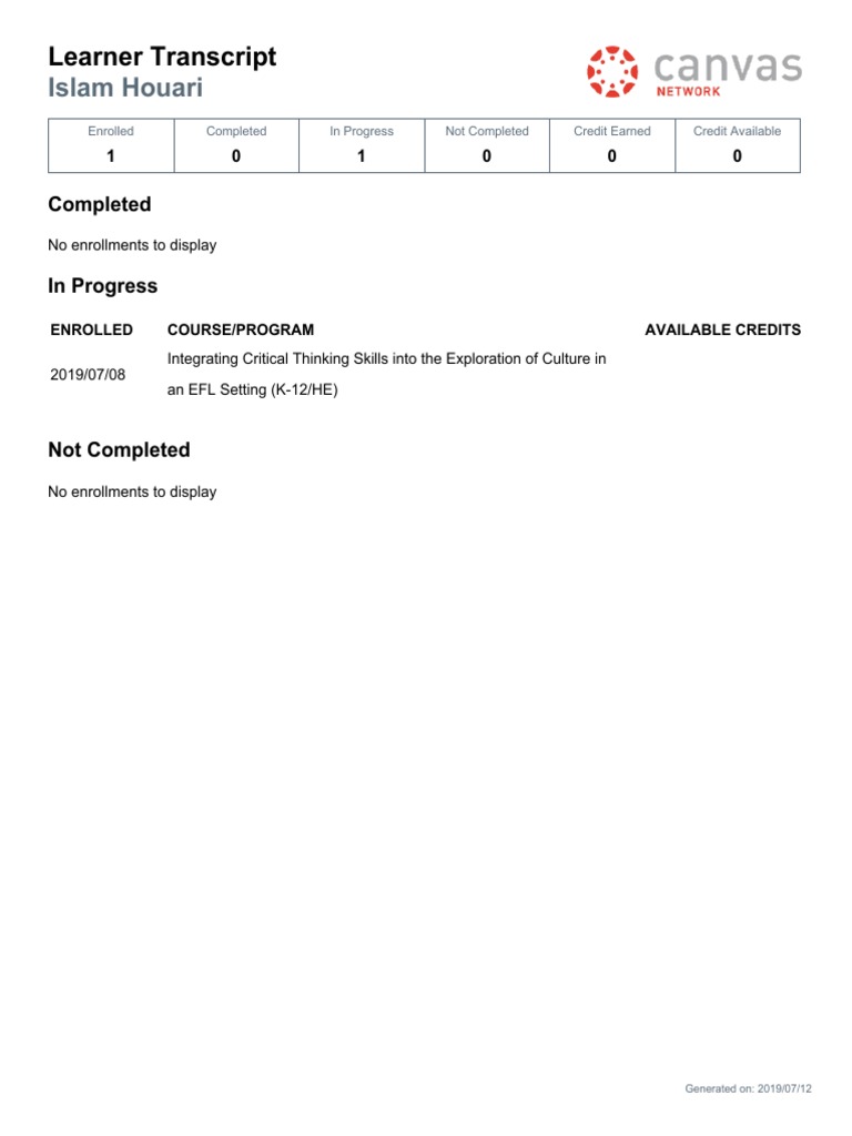 Learner Transcript for Islam Houari | PDF