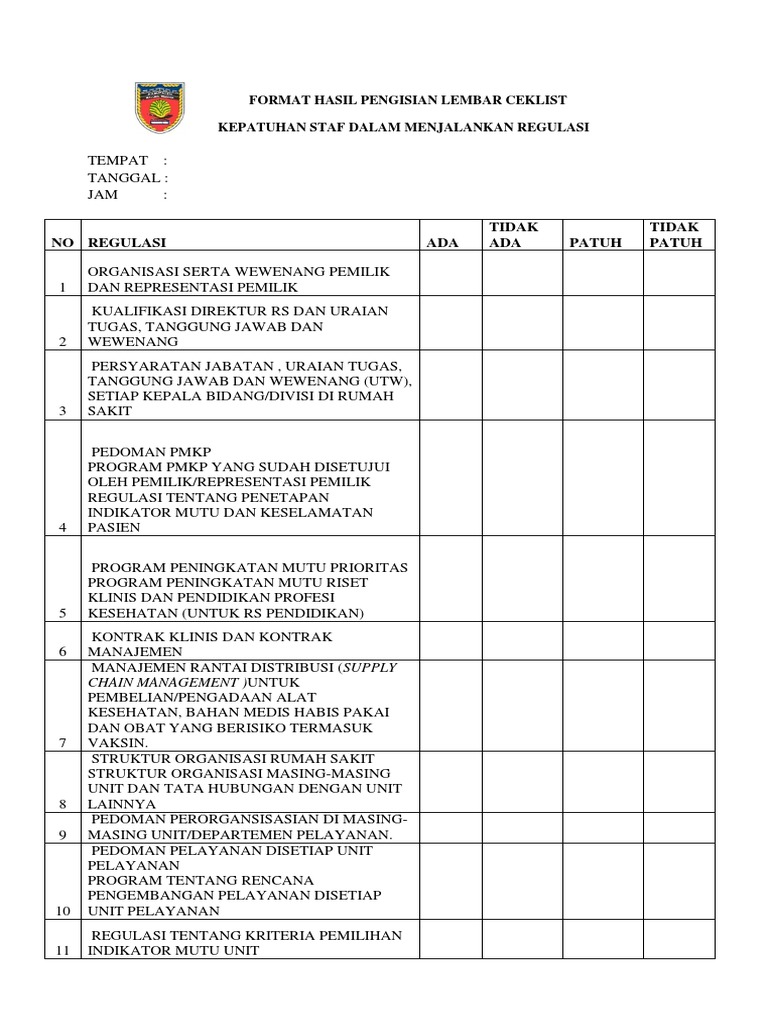 Format Hasil Pengisian Lembar Ceklist | PDF