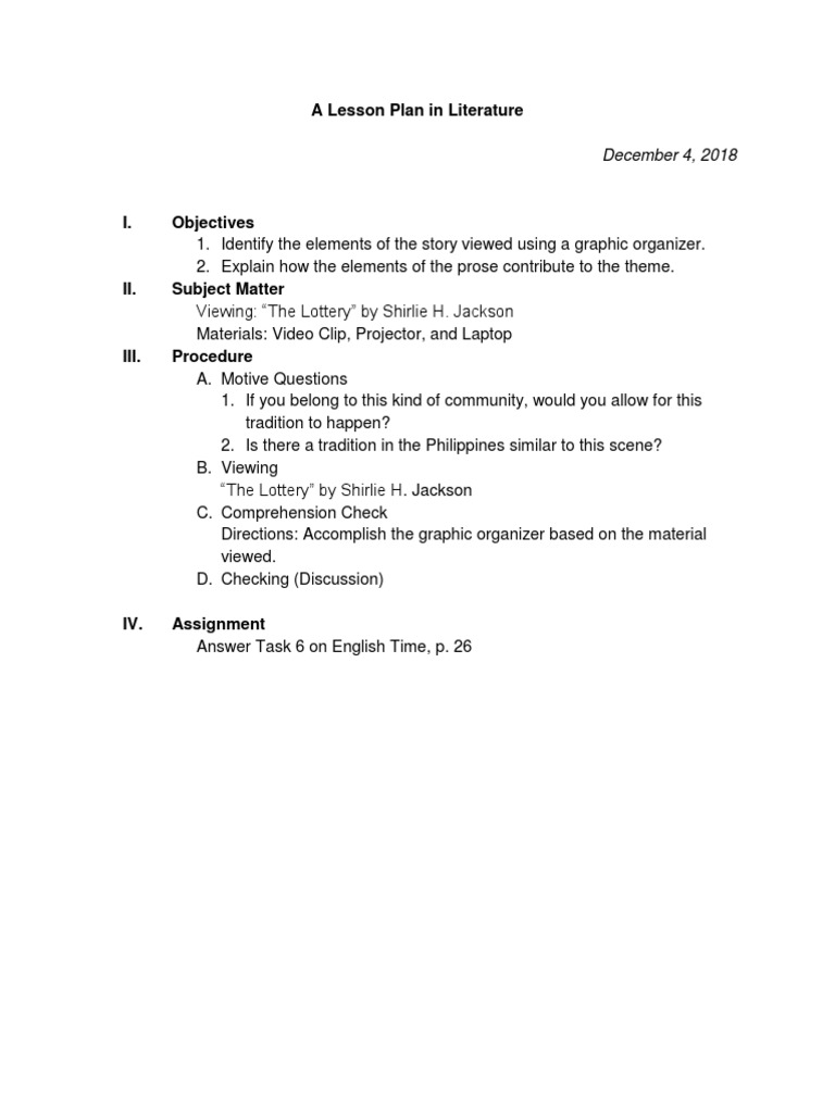Literature Lesson Plan: "The Lottery" Analysis | PDF | Social Science ...