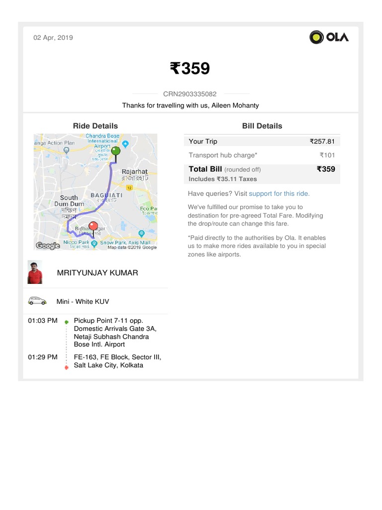 Ride Details Bill Details Thanks For Travelling With Us Aileen