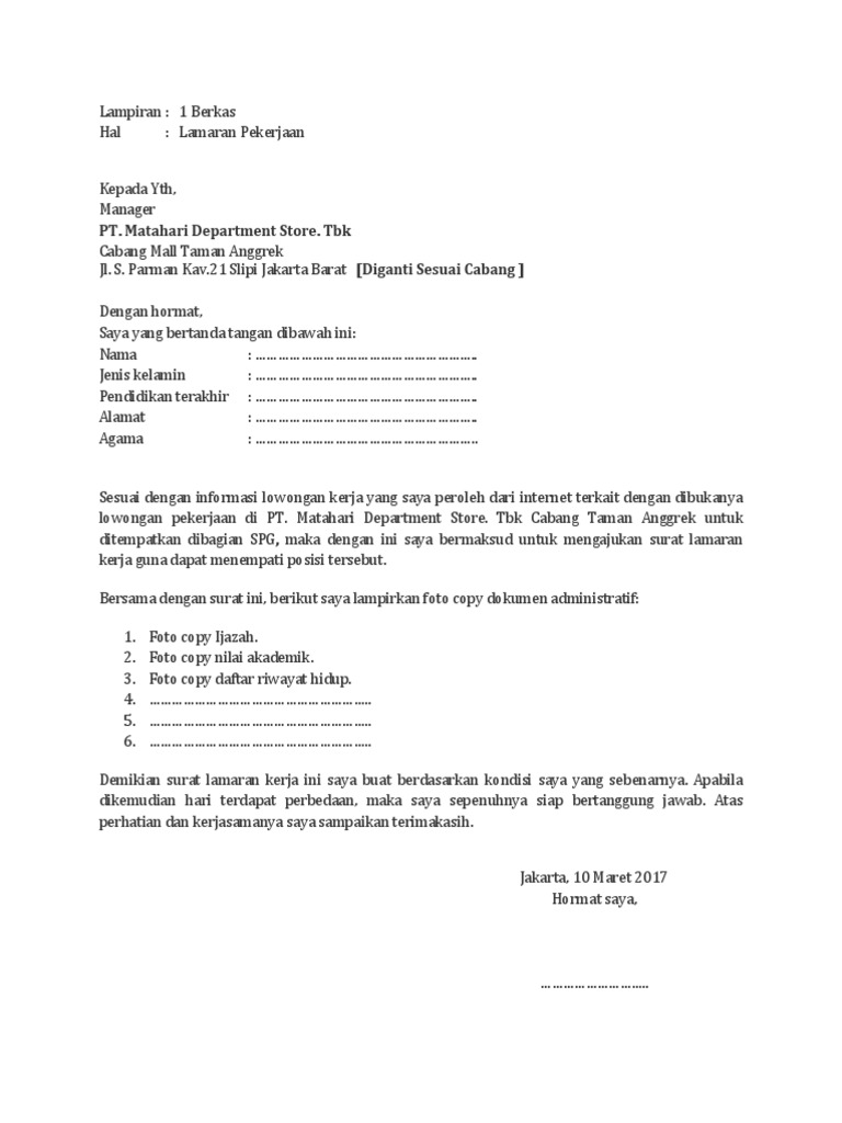 Contoh Surat Lamaran Spg Matahari Pdf