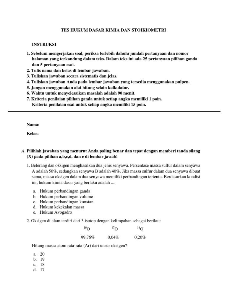 Lampiran 3 2 Soal Hukum Dasar Kimia Dan Stoikiometri