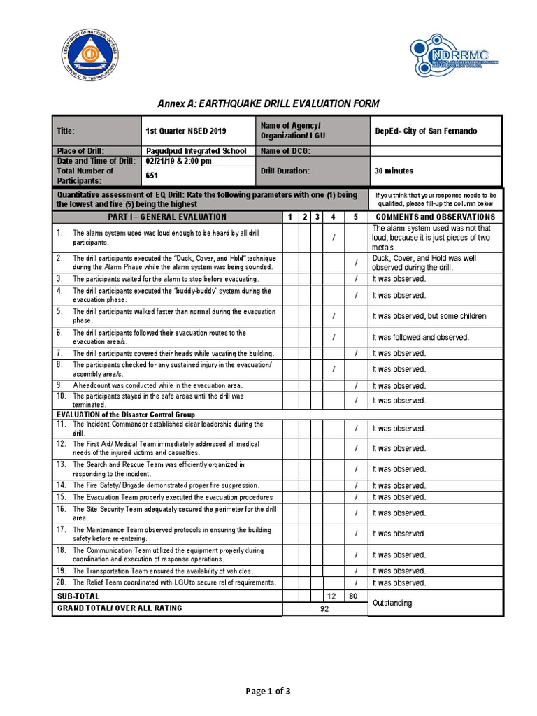 Annex A Earthquake Drill Evaluation Form EVALUATION of The Disaster