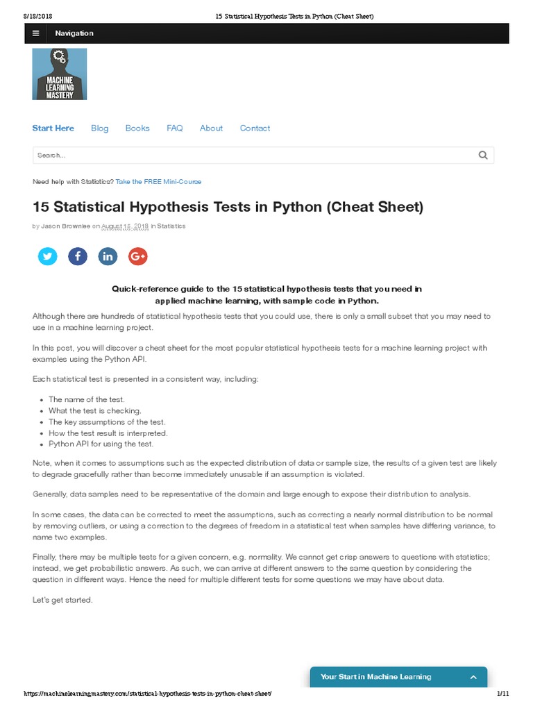 15 Statistical Hypothesis Tests in Python (Cheat Sheet) | PDF | Student ...