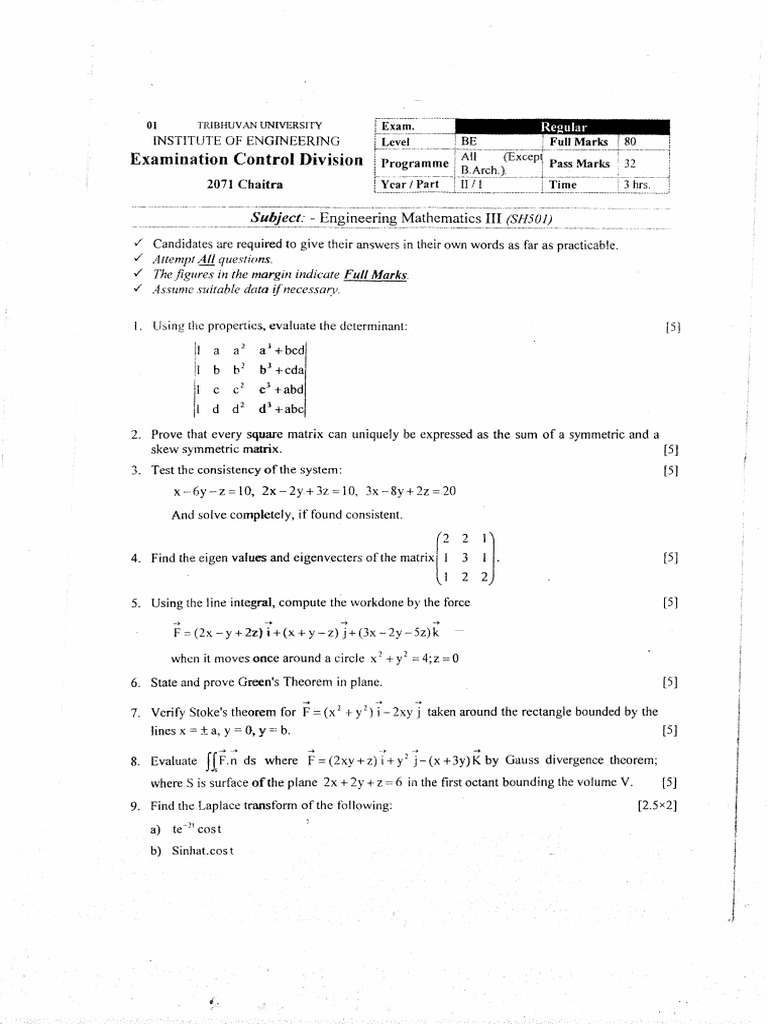 BE Mathematics III Exam Papers | PDF | Laplace Transform | Matrix