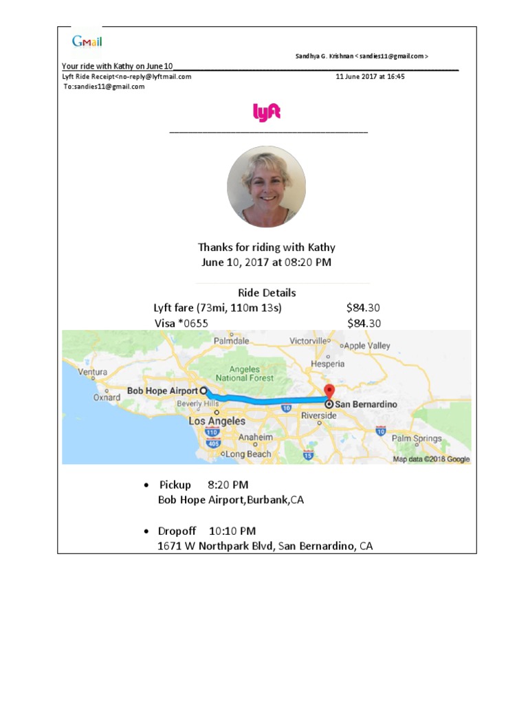Lyft Ride Receipt: Burbank to San Bernardino | PDF