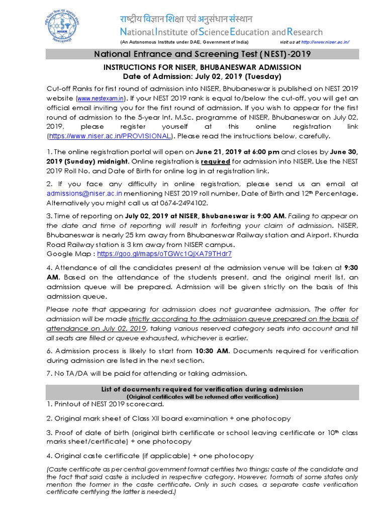 NISER Admission Instructions 2019 | PDF | Government