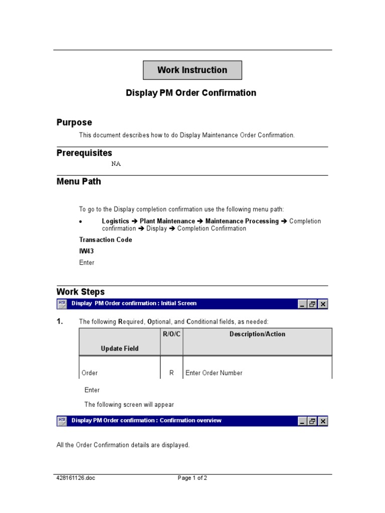 Pm Order Confirmation In Sap