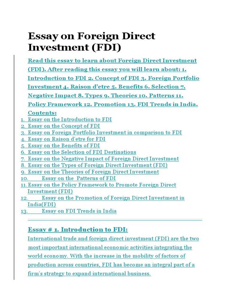 Essay On Foreign Direct Investment-1 | PDF | Foreign Direct Investment ...