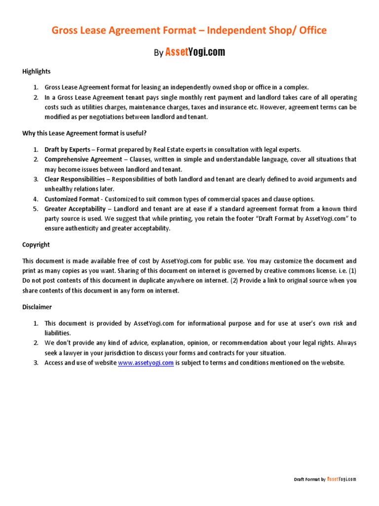 Gross Lease Agreement Format Shop Office | PDF | Landlord | Lease