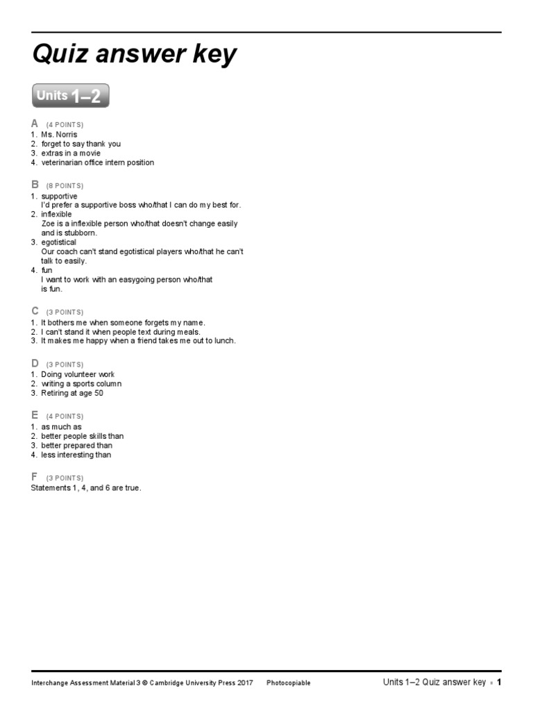 Interchange 3 Units 1-2 Quiz Answers | PDF