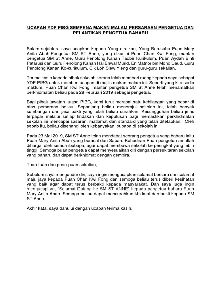 Ucapan Ydp Pibg Sempena Persaraan Puan Chan Dan Sambutan Puan Anita Pdf