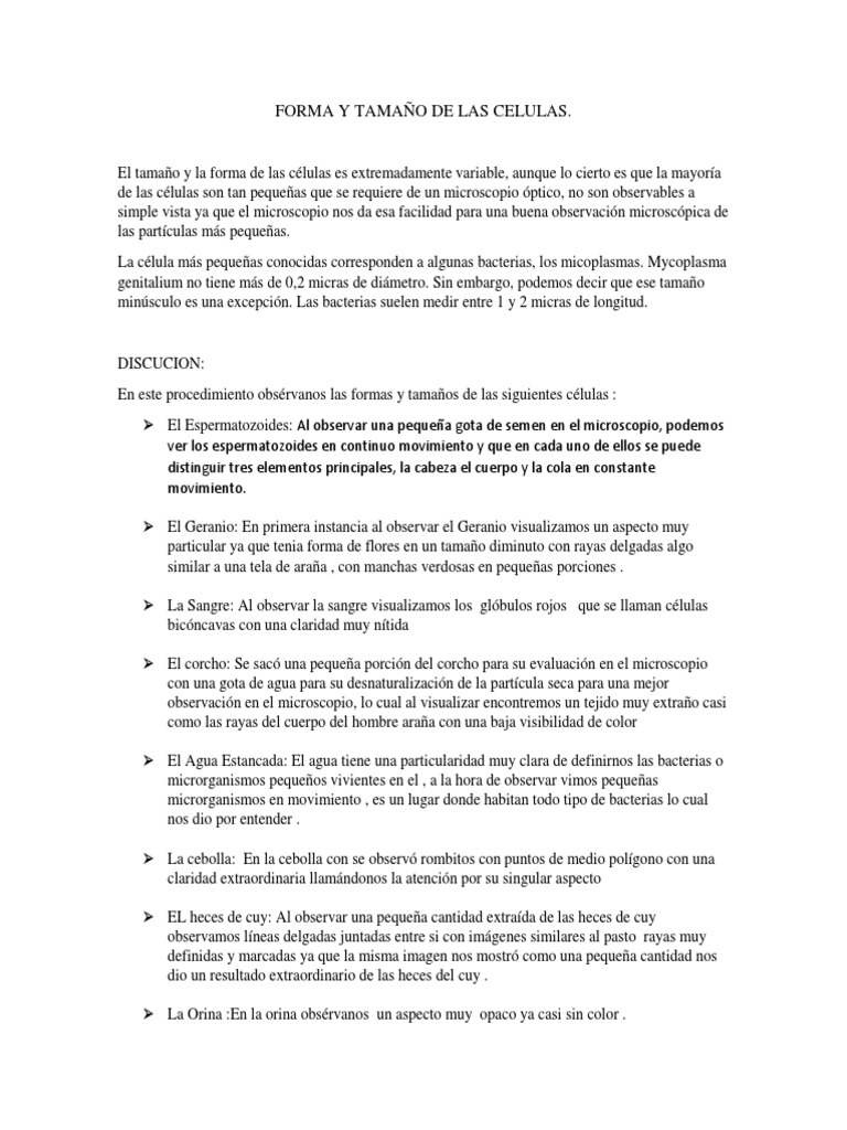 Forma y Tamaño de Las Celulas | PDF | Microscopio | Biología Celular)