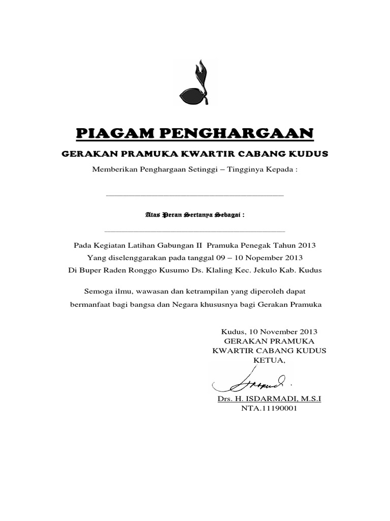 Contoh Piagam Penghargaan Pramuka