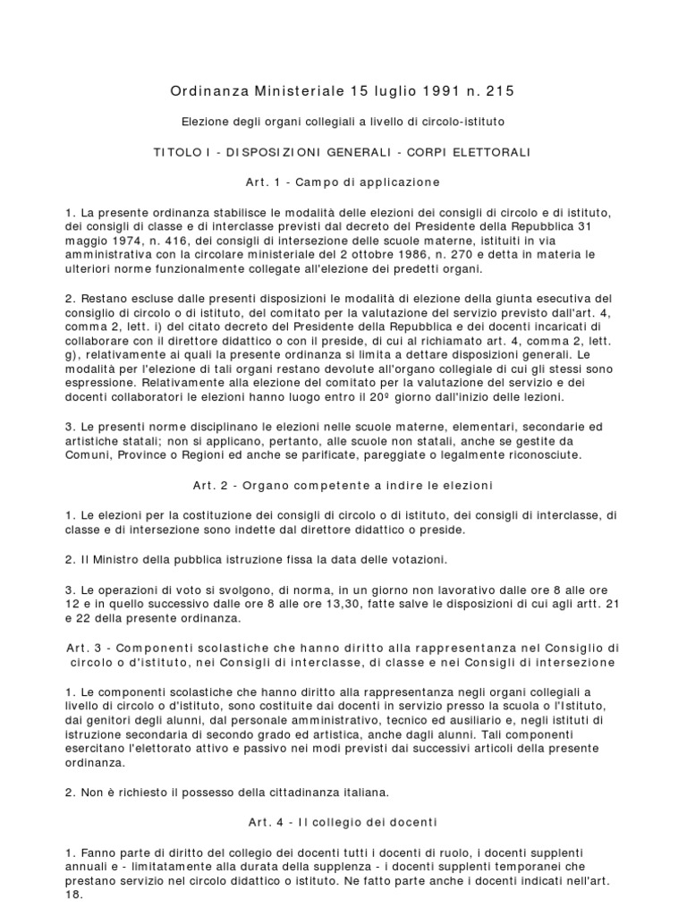 Ordinanza Ministeriale 15 Luglio 1991 N 215