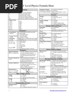 O Level Physics Formula Sheet International System Of Units Force