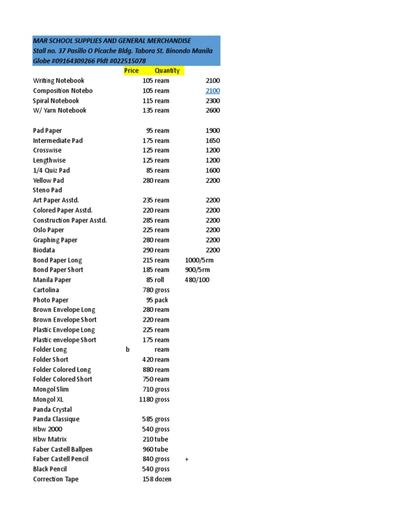 Mar School Supplies and General Merchandise Stall No. 37 Pasillo O