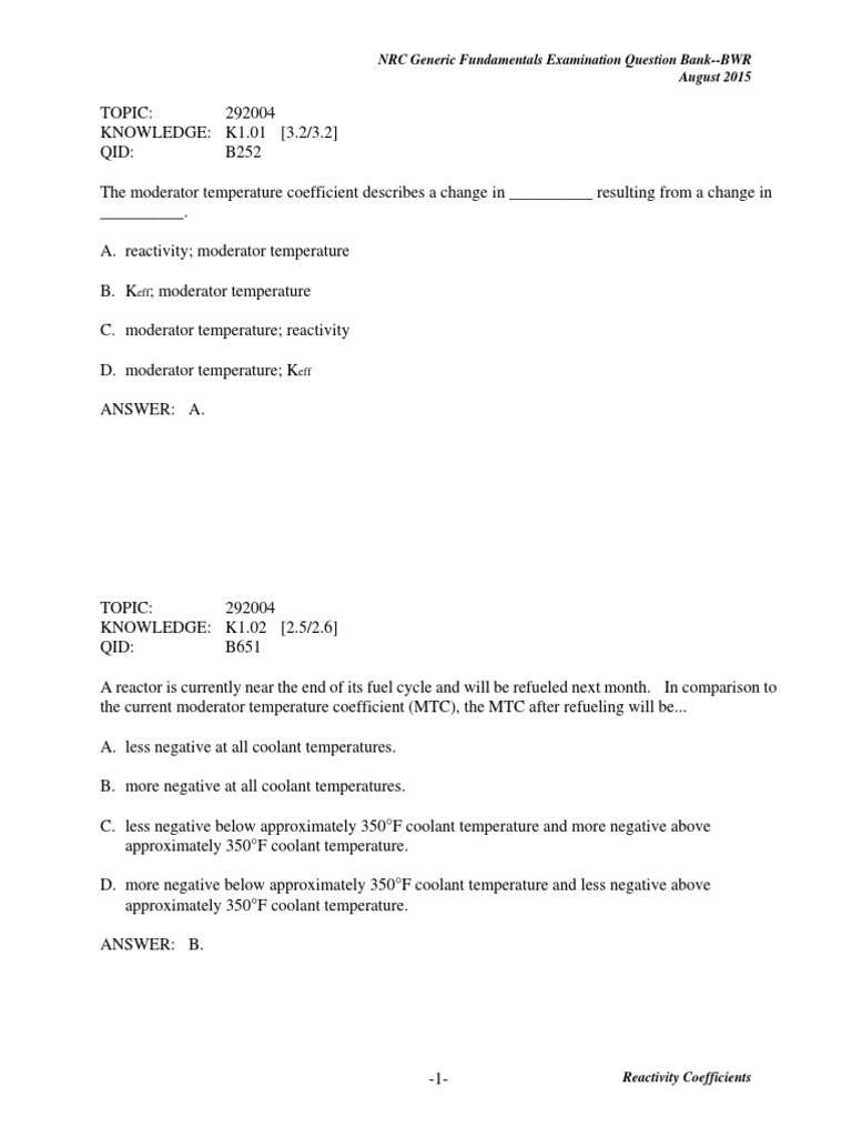 NRC Generic Fundamentals Examination Question Bank - BWR August 2015 ...