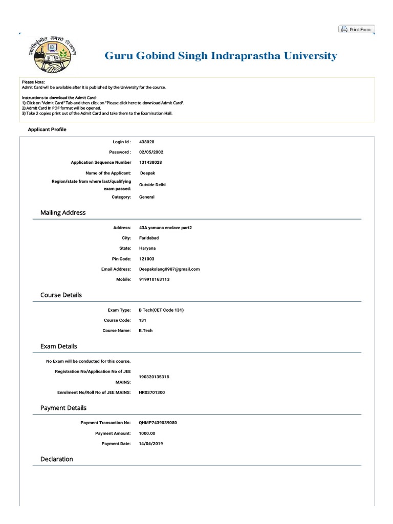 GGSIPU Examination Form | PDF | Business