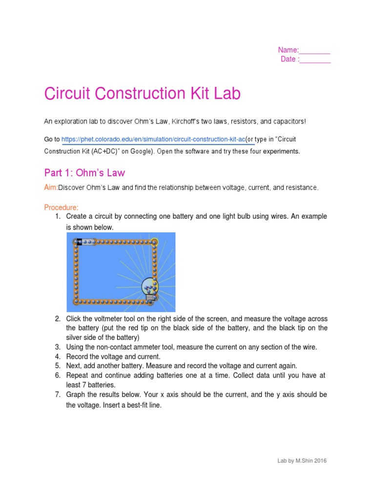 Circuit Construction Kit Lab Part 1 Ohm's Law Download Free PDF