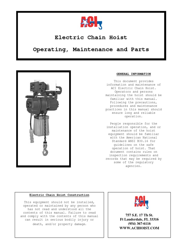 ACI Electric Chain Hoist Manual | PDF | Switch | Elevator