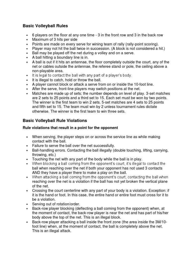 Basic Volleyball Rules Rule Violations That Result in A Point For The