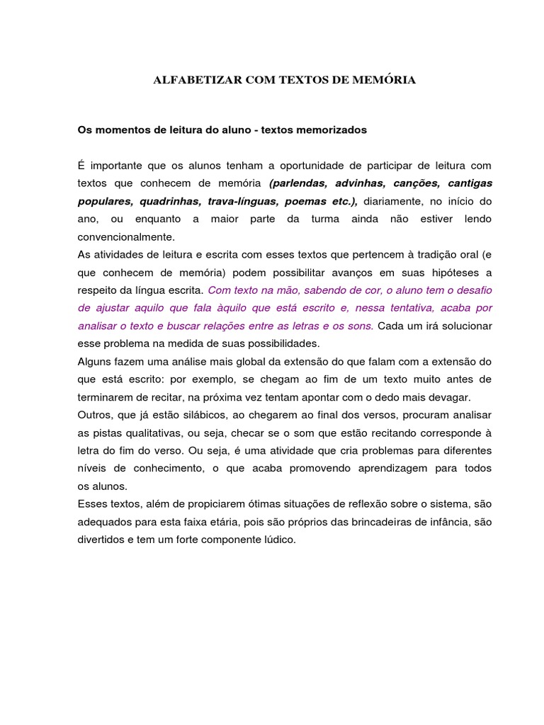 Alfabetizar Com Textos de Memória | PDF