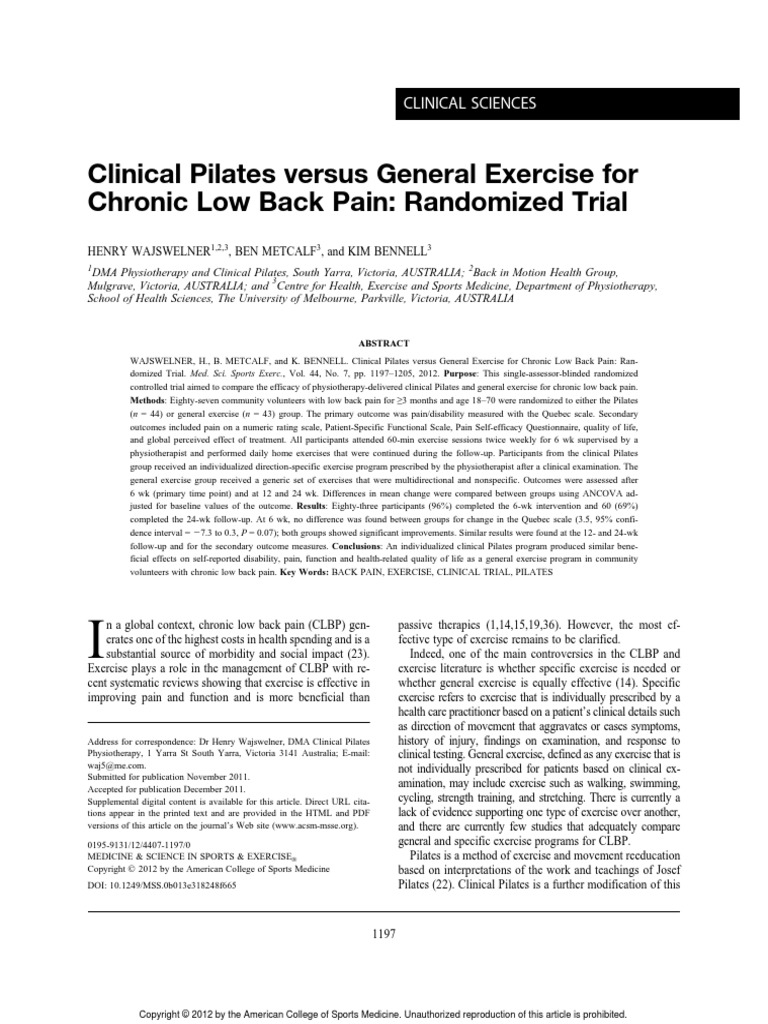 Clinical Pilates Versus General Exercise For Chronic Low Back Pain ...