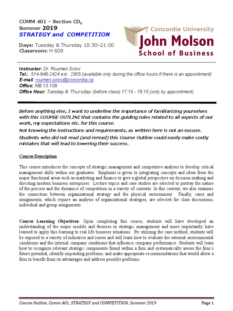 Comm 401 My Course Outline Summer 2019 Pdf Textbook Strategic