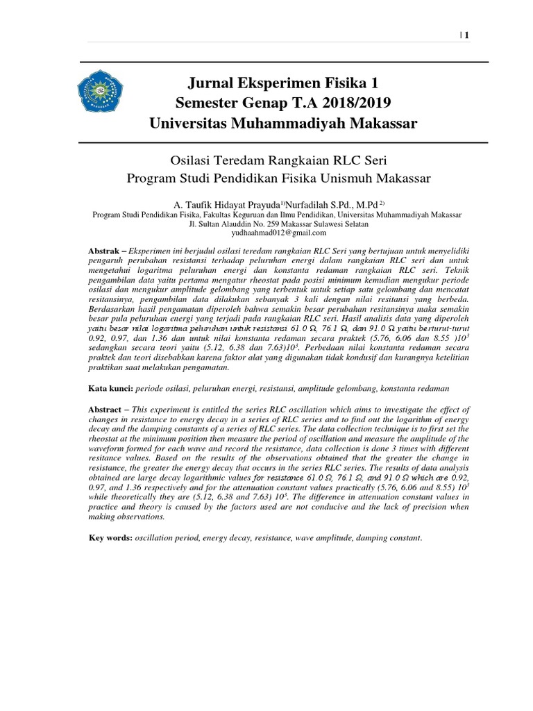 Jurnal Eksperimen Fisika 1 Osilasi Teredam Rangkaian Rlc Seri Pdf